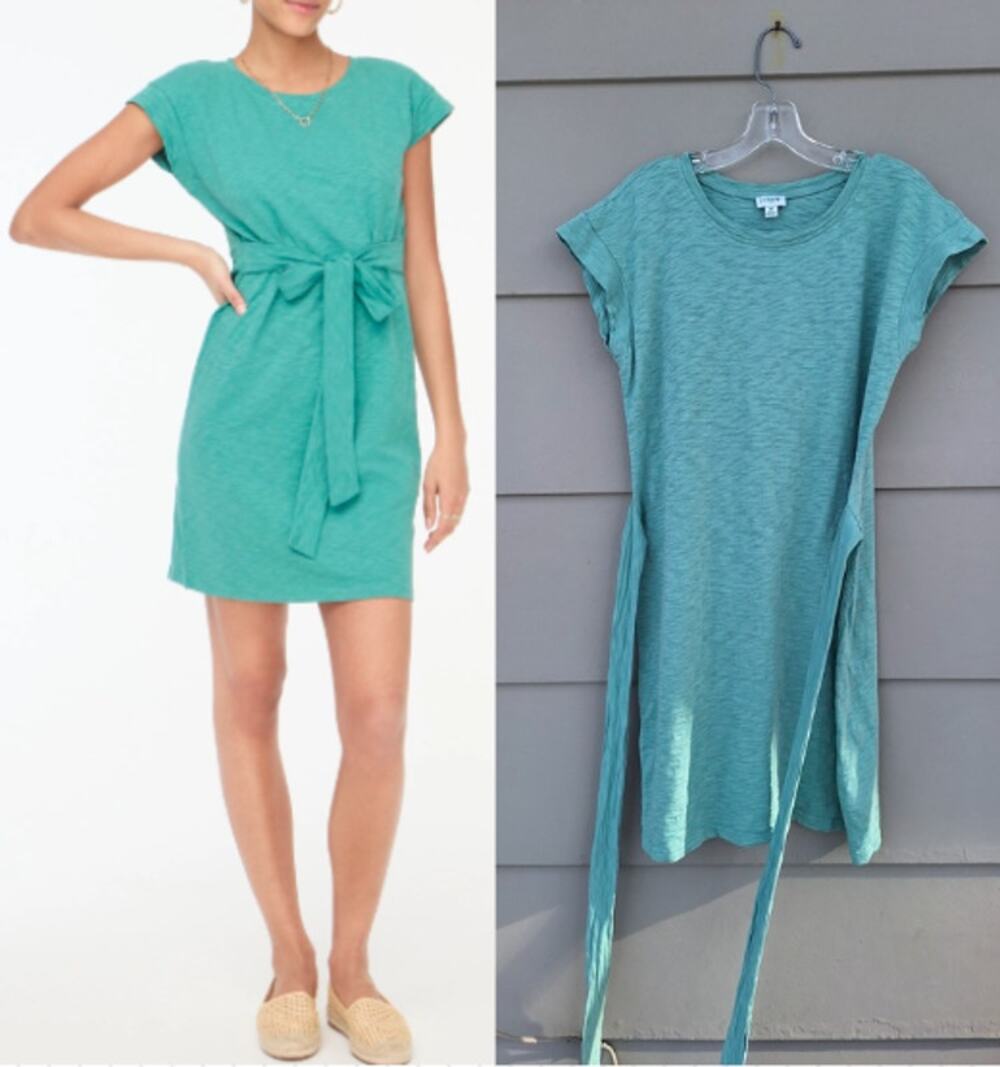 J Crew Women's Tie Waist T shirt mini Dress 100% Cotton Short Sleeves Green M